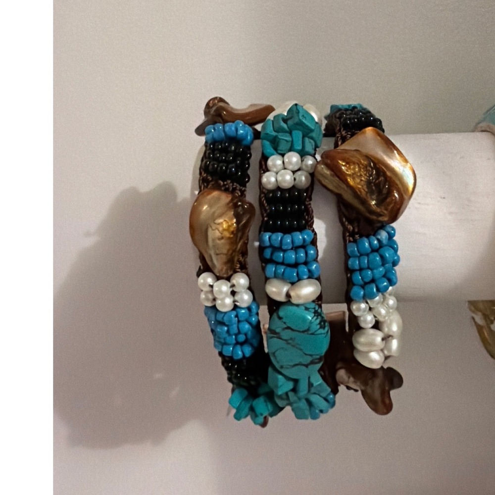 Boho Turquoise Mother of Pearl Beaded Macrame‎ Cuff Bracelet Blue Brown India
